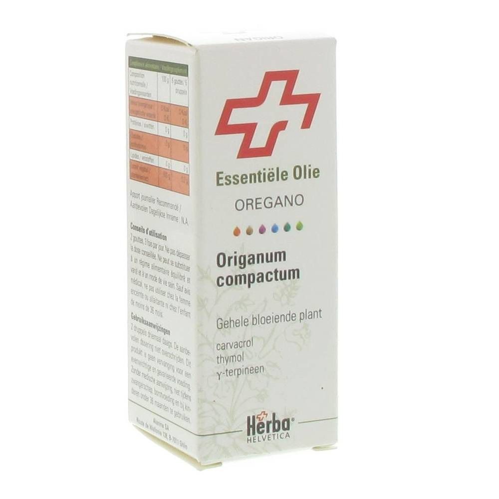 Kartonverpackung mit rotem Kreuz-Logo. Text: Essentiele Olie Oregano Origanum compactum. Herba Helvetica Logo.
