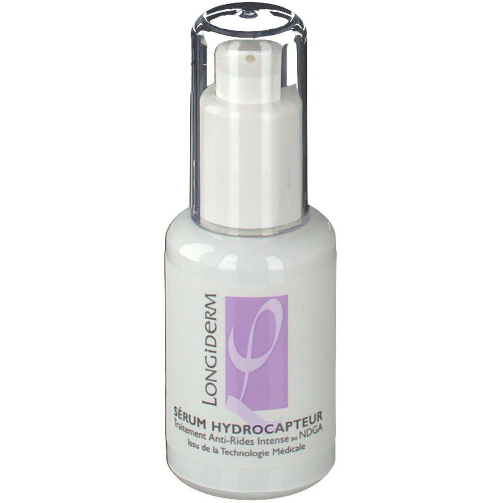 Weißes Serum mit Pumpkopf und durchsichtiger Kappe. Aufschrift: LONGIDERM, Serum Hydrocapteur.