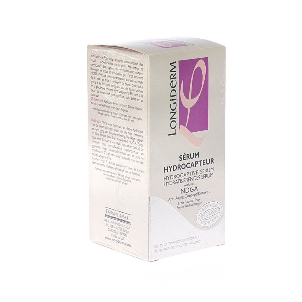 Emballage du produit. Inscription: LONGIDERM, Sérum Hydrocapteur. Avec certification anti-âge.