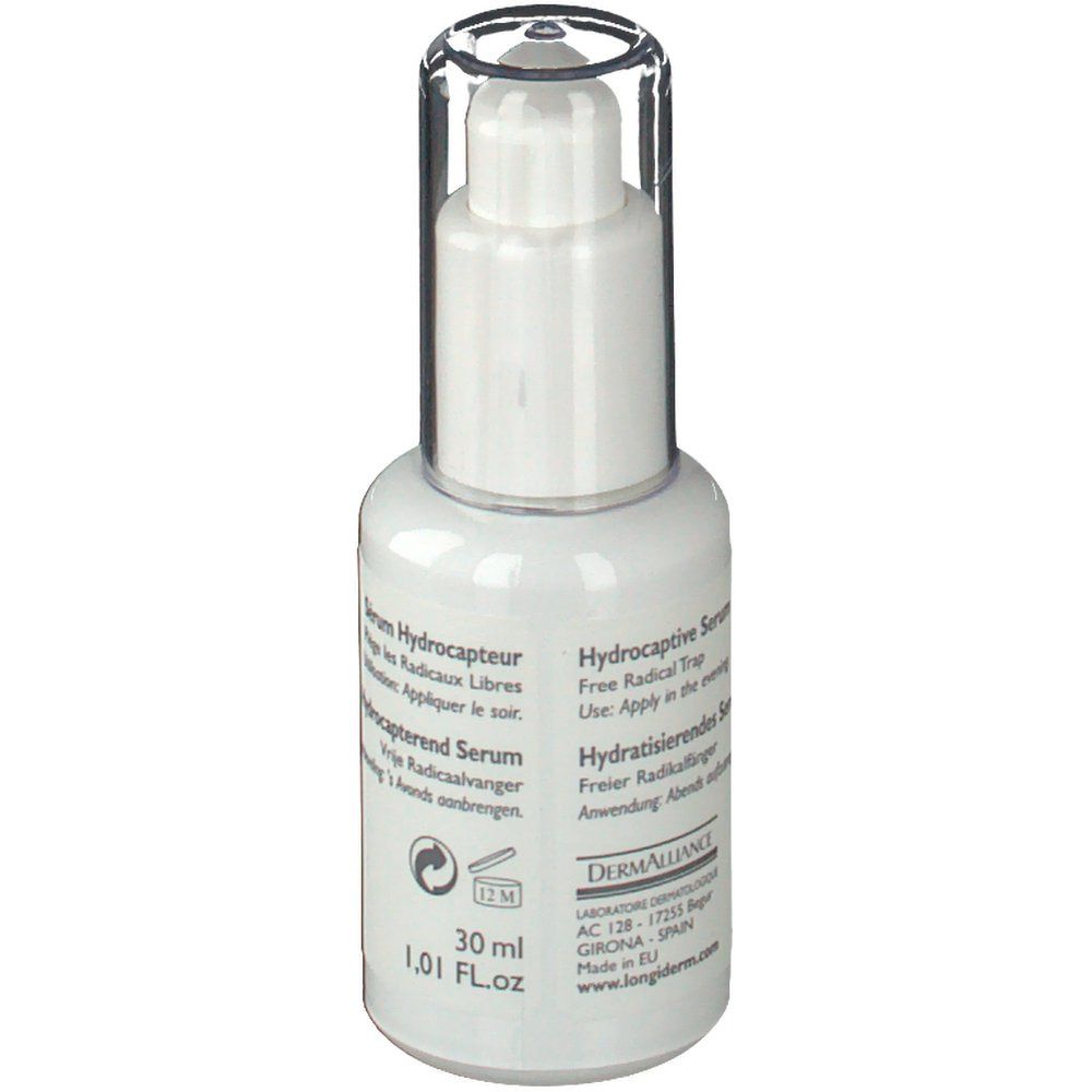 Rückseite einer weißen Serumflasche. Text in mehreren Sprachen. Aufschrift: 30 ml, 1,01 fl.oz.