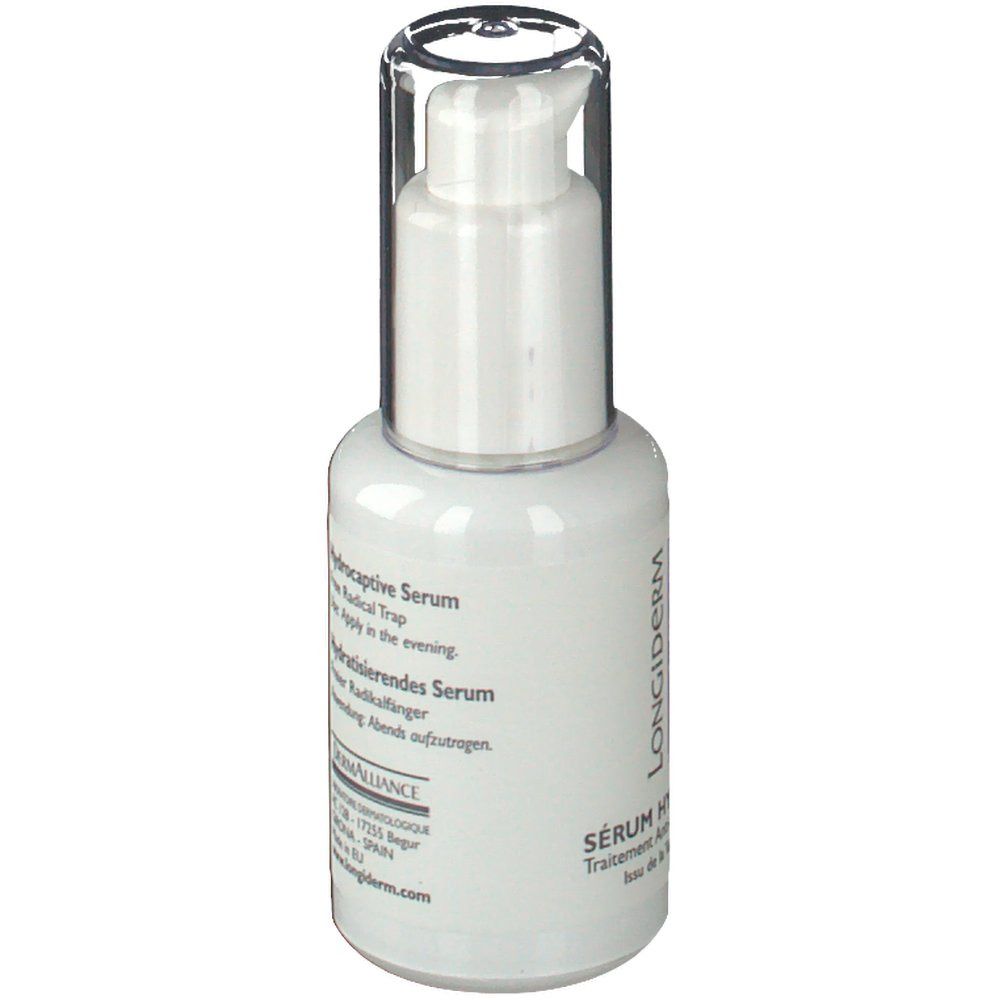 Seite einer weißen Serumflasche. Text in mehreren Sprachen. Aufschrift: LONGIDERM, Serum Hydrocapteur.