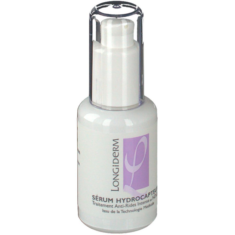 Weißes Serum mit Pumpkopf und durchsichtiger Kappe. Aufschrift: LONGIDERM, Serum Hydrocapteur.