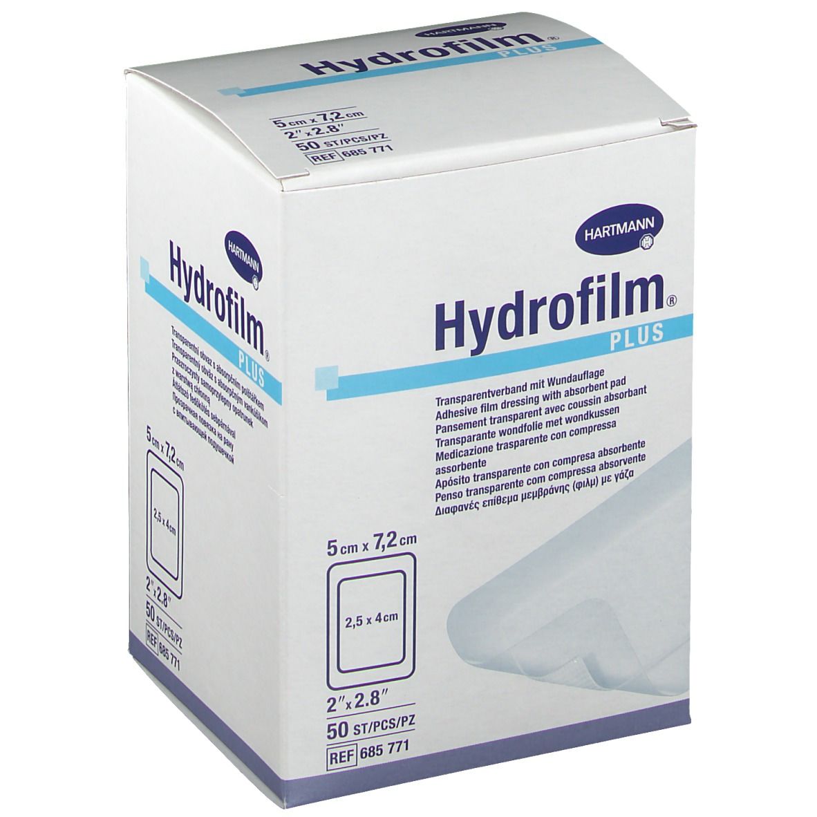 Boîte Hydrofilm Plus. Informations produit et logo. Dimensions : 5 cm x 7,2 cm. Contient 50 pièces.