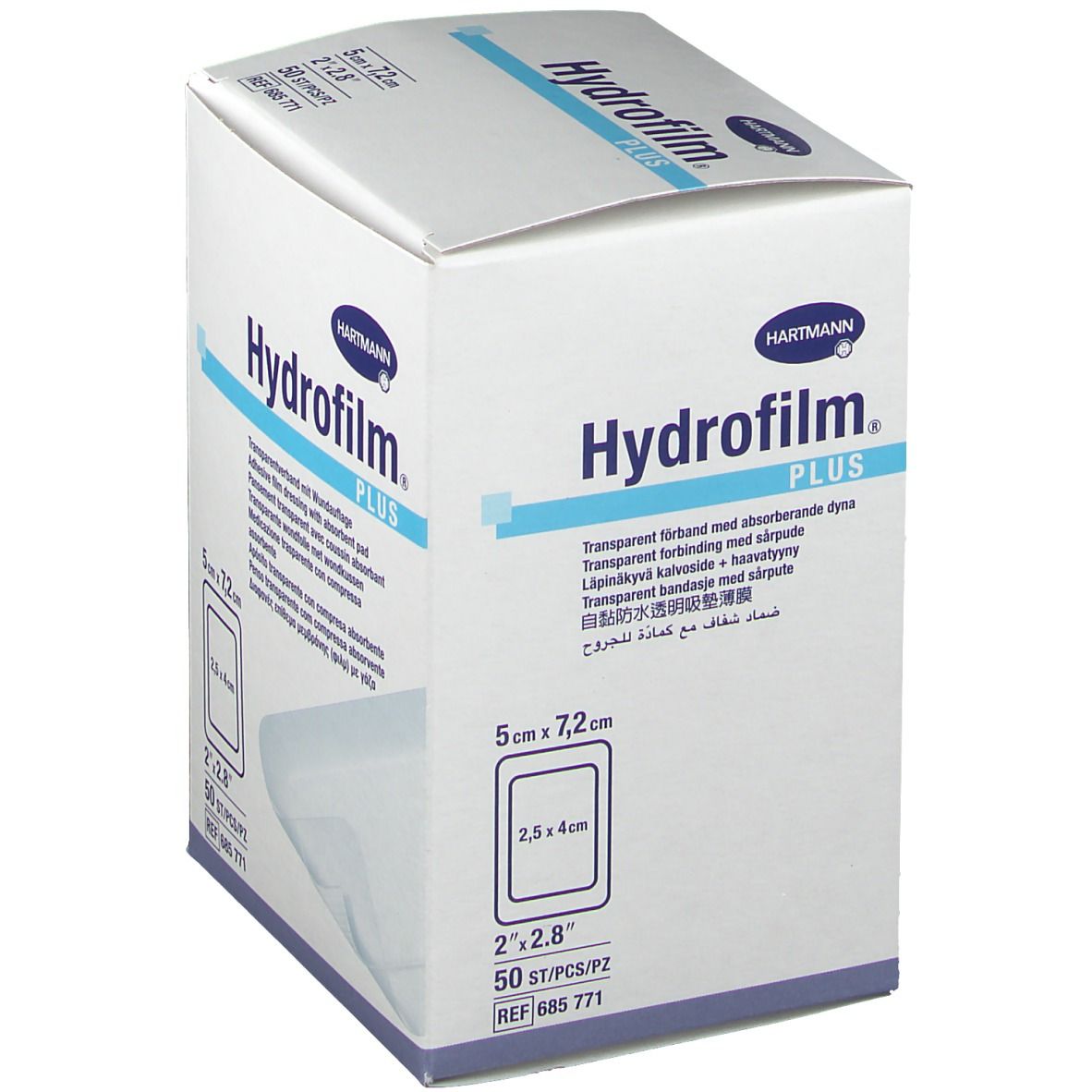 Boîte Hydrofilm Plus. Informations produit et logo. Dimensions : 5 cm x 7,2 cm. Contient 50 pièces.