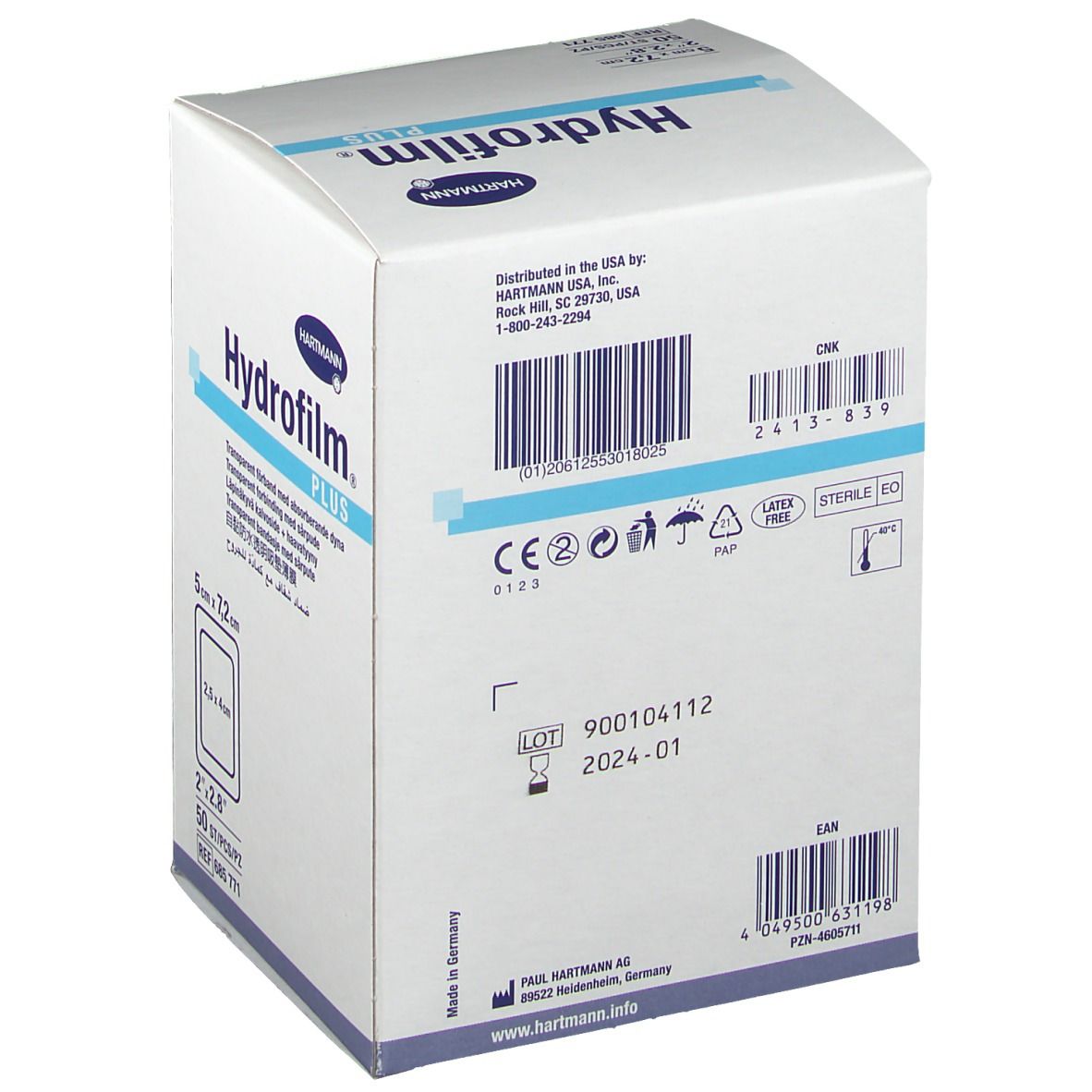 Boîte Hydrofilm Plus, dos. Informations produit, code-barres et certifications. Stérile.