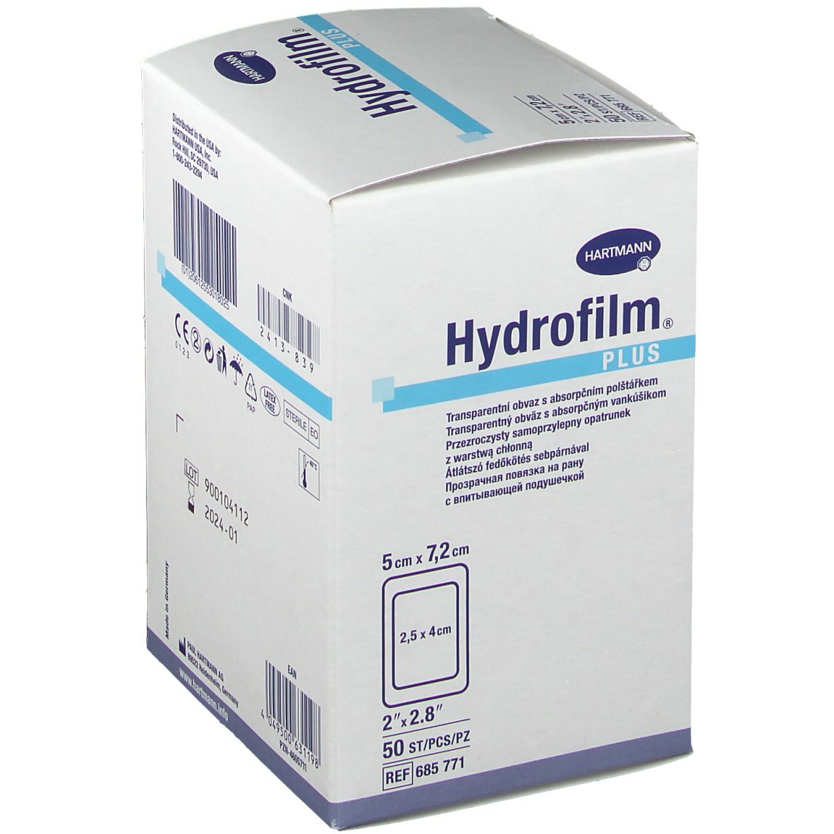 Boîte Hydrofilm Plus. Informations produit et logo. Dimensions : 5 cm x 7,2 cm. Contient 50 pièces.