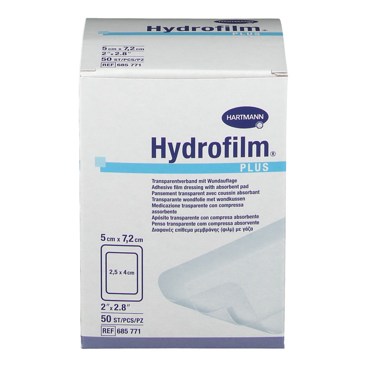 Boîte Hydrofilm Plus. Informations produit et logo. Dimensions : 5 cm x 7,2 cm. Contient 50 pièces.