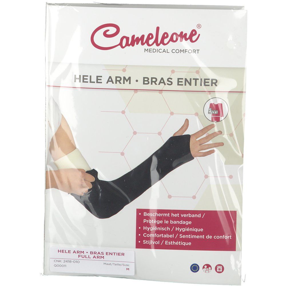 Cameleone® Bras entier. Schwarze Armbandage in Verpackung. Aufdruck: Hele Arm, Bras entier. Logo und Produktname.