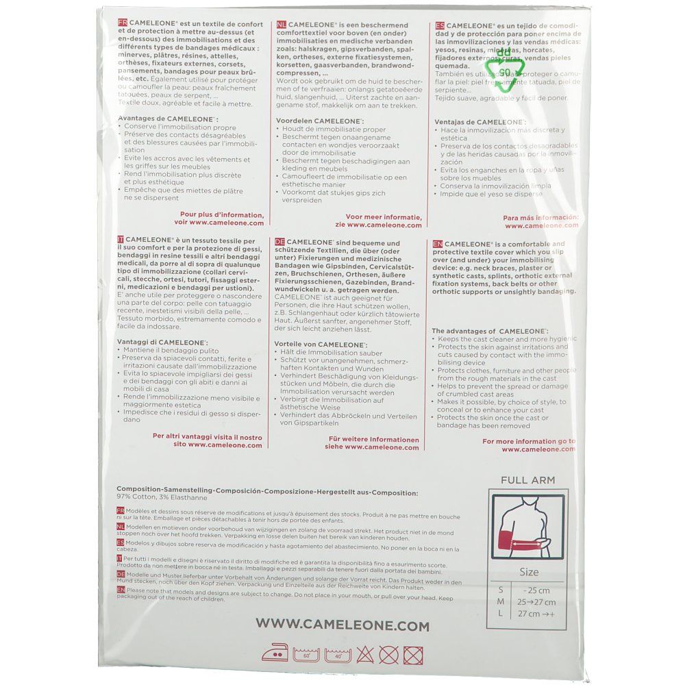 Rückseite der Cameleone® Bras entier Verpackung. Text in mehreren Sprachen. Illustration eines Arms. Größenangaben: S, M, L.