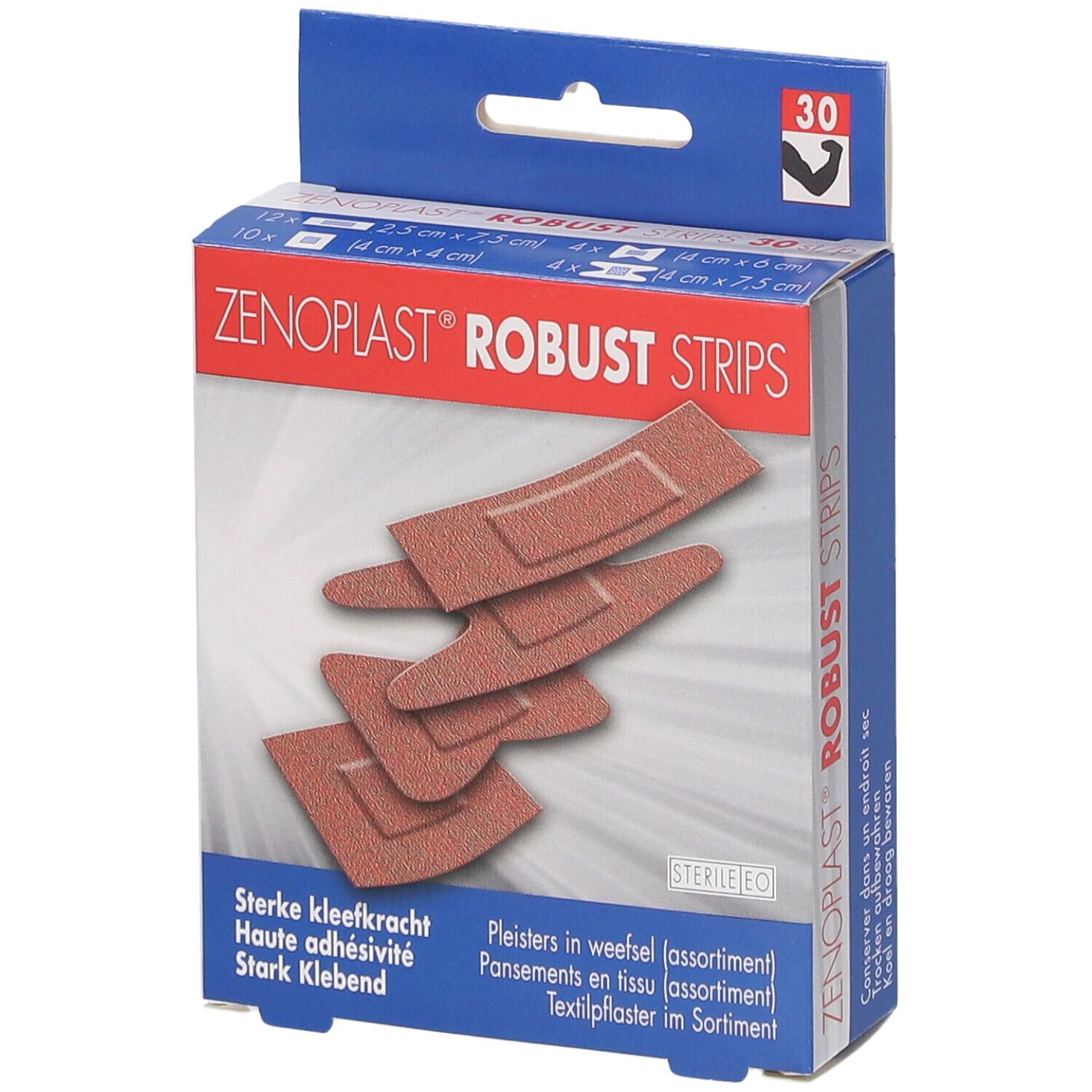 Verpackung mit Pflastern. Aufschrift: Zenoplast Robust Strips. Verschiedene Formen und Größen der Pflaster sind sichtbar.
