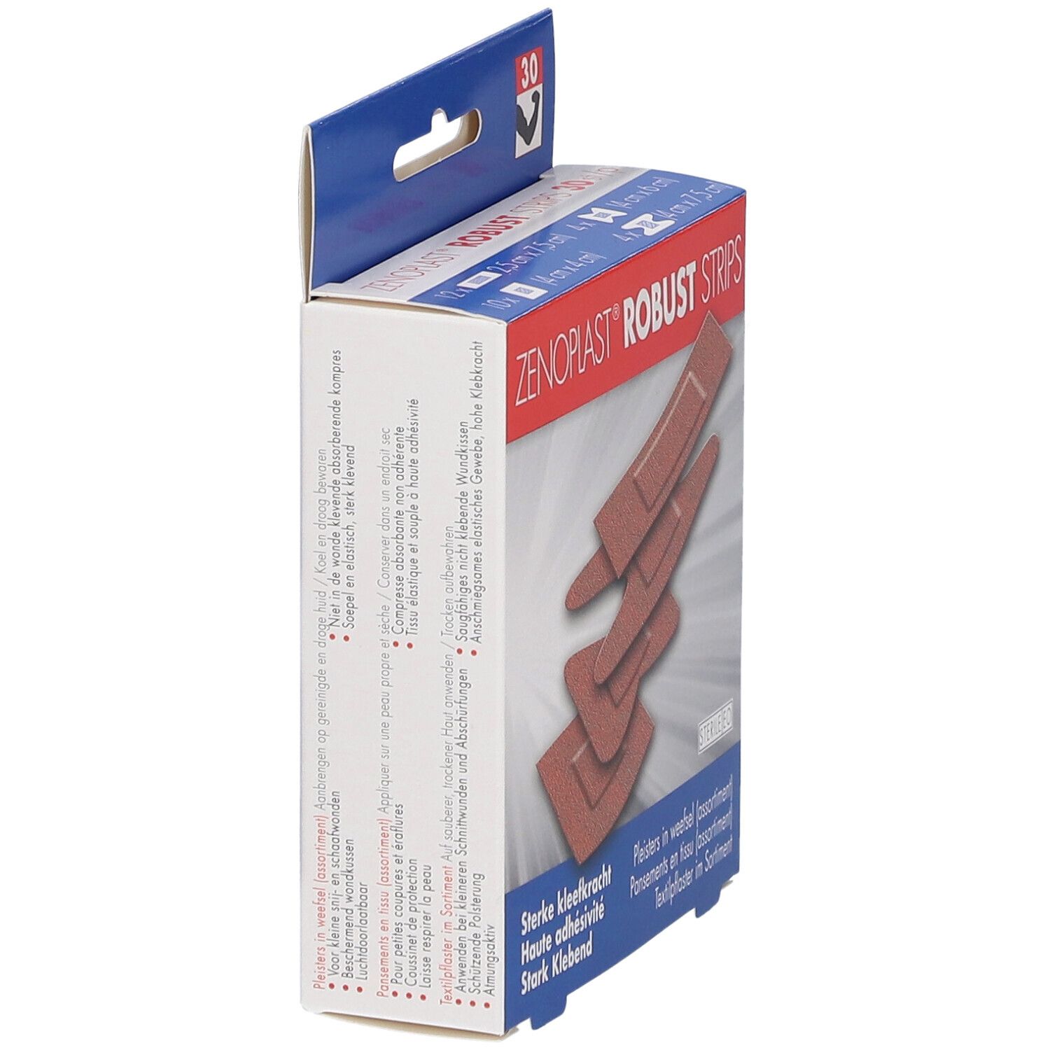 Seitenansicht der Verpackung mit Zenoplast Robust Strips. Text in mehreren Sprachen. Aufhängevorrichtung.