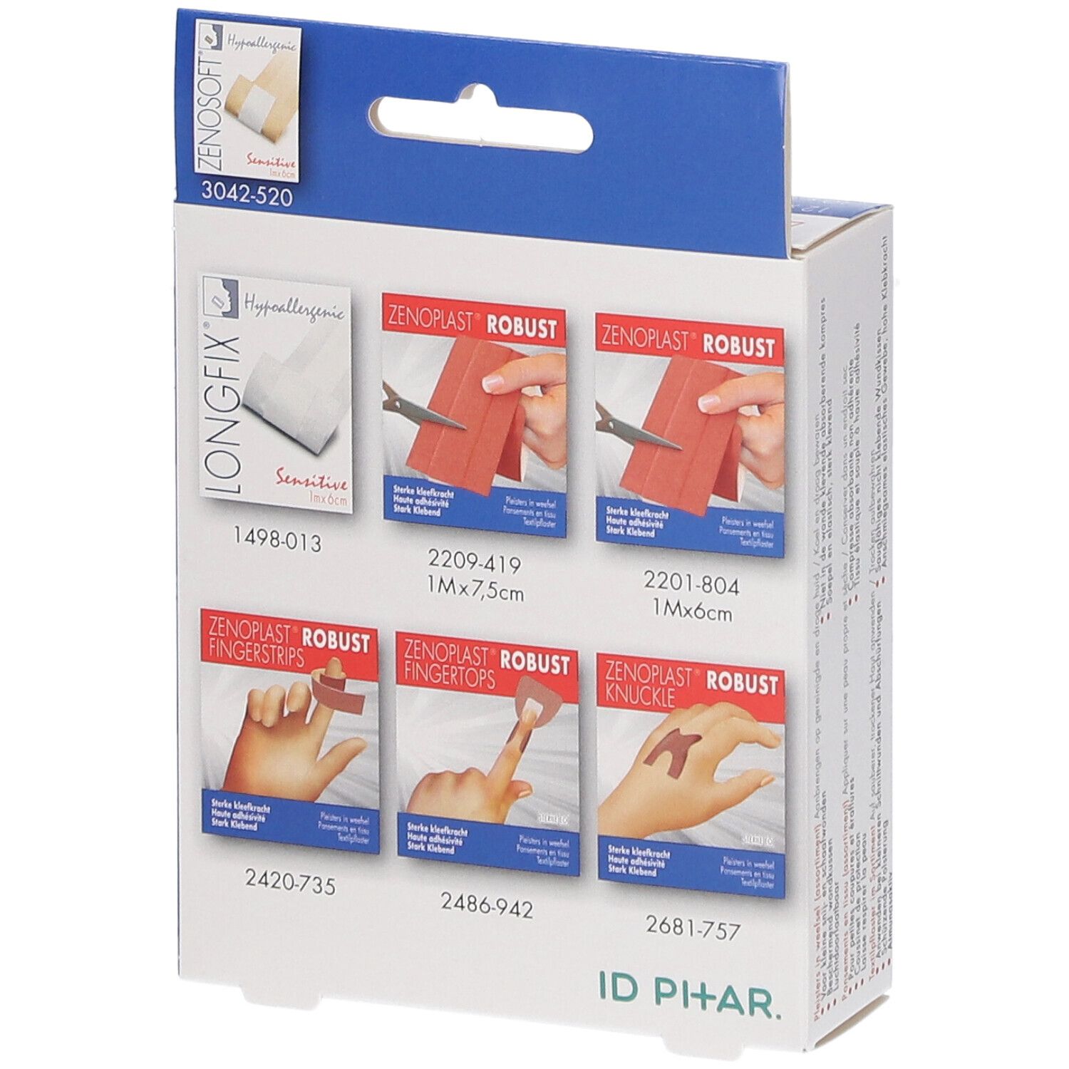 Rückseite der Verpackung mit verschiedenen Pflastern. Zenoplast Robust, Longfix und weitere. Illustrationen zur Anwendung.