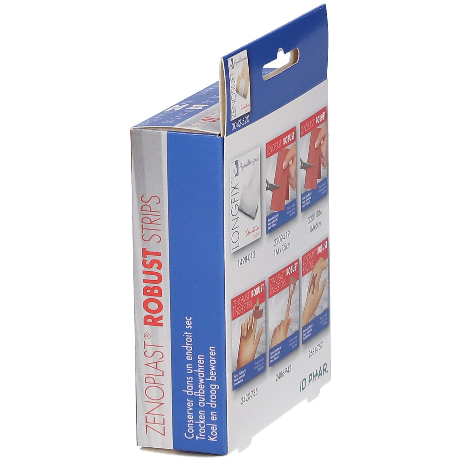 Seitenansicht der Verpackung mit Zenoplast Robust Strips. Text in mehreren Sprachen. Aufhängevorrichtung.