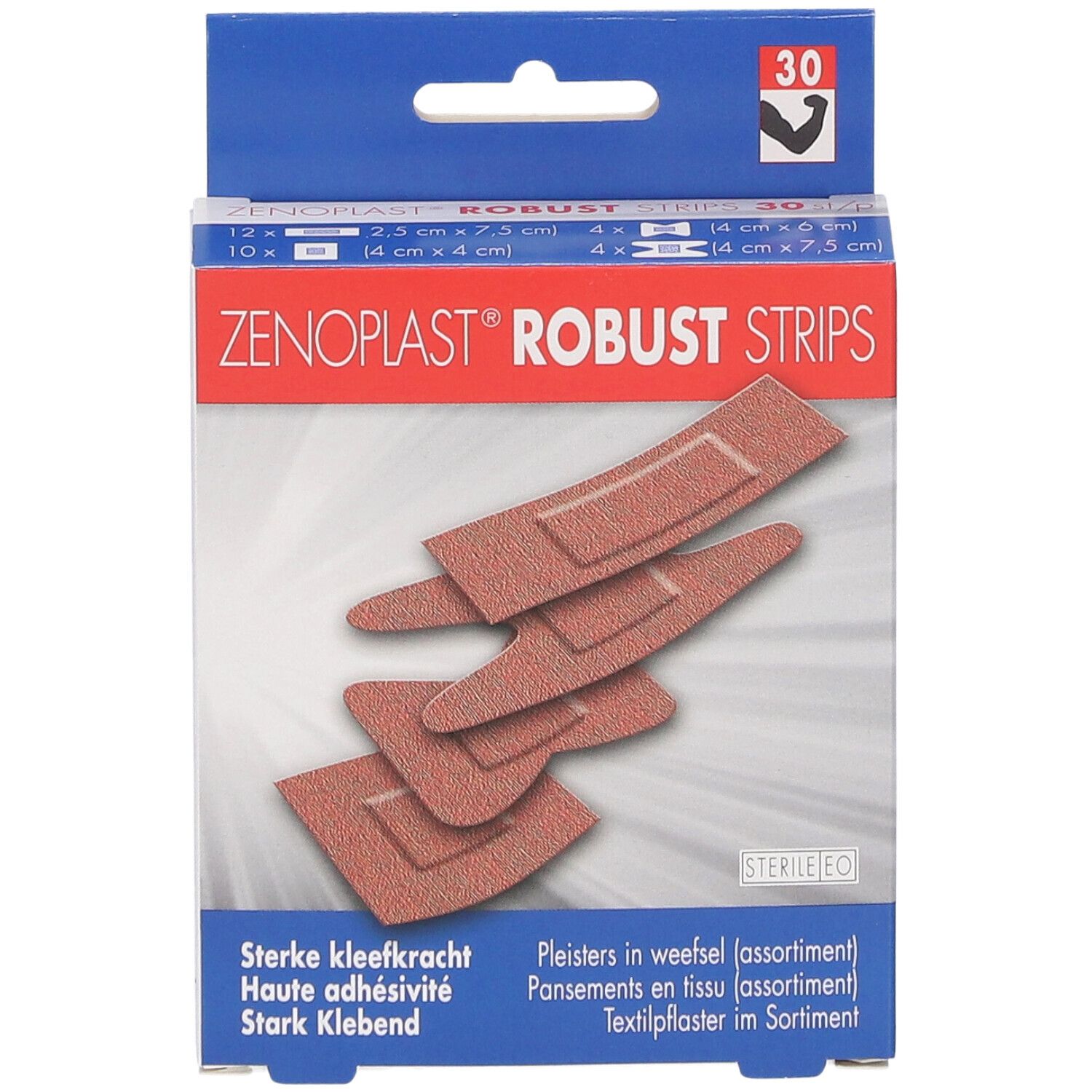 Verpackung mit Pflastern. Aufschrift: Zenoplast Robust Strips. Verschiedene Formen und Größen der Pflaster sind sichtbar.