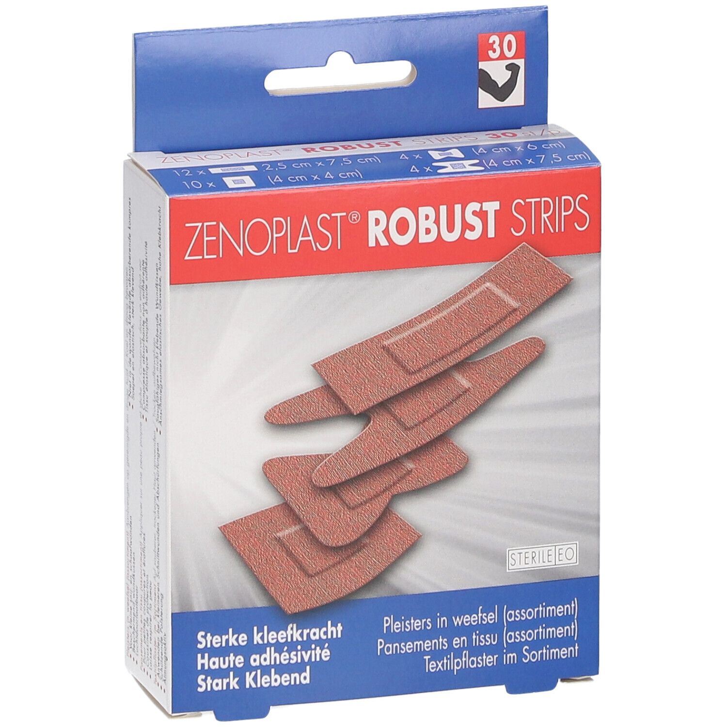 Verpackung mit Pflastern. Aufschrift: Zenoplast Robust Strips. Verschiedene Formen und Größen der Pflaster sind sichtbar.