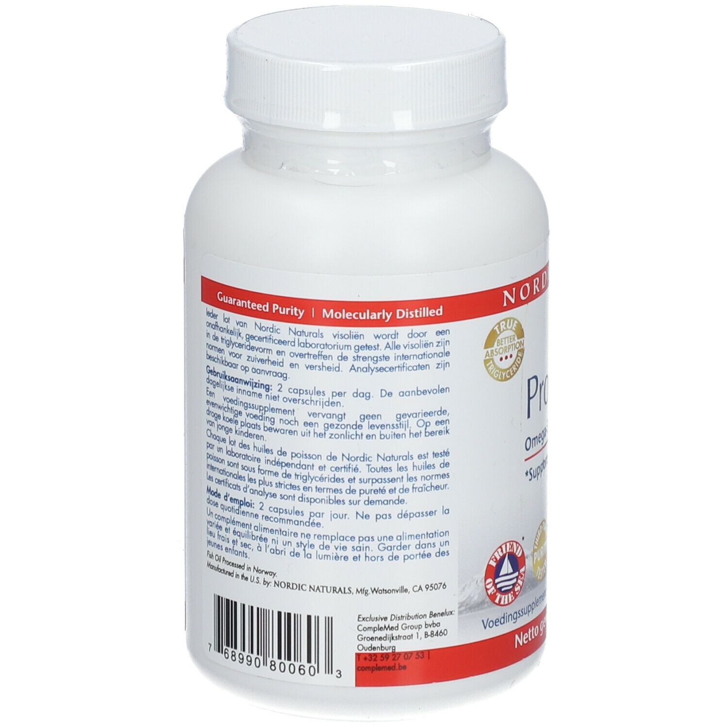 Dos du flacon blanc. Texte: Nordic Naturals, ProEPA. Distillé moléculairement. Pureté garantie. Mode d'emploi.