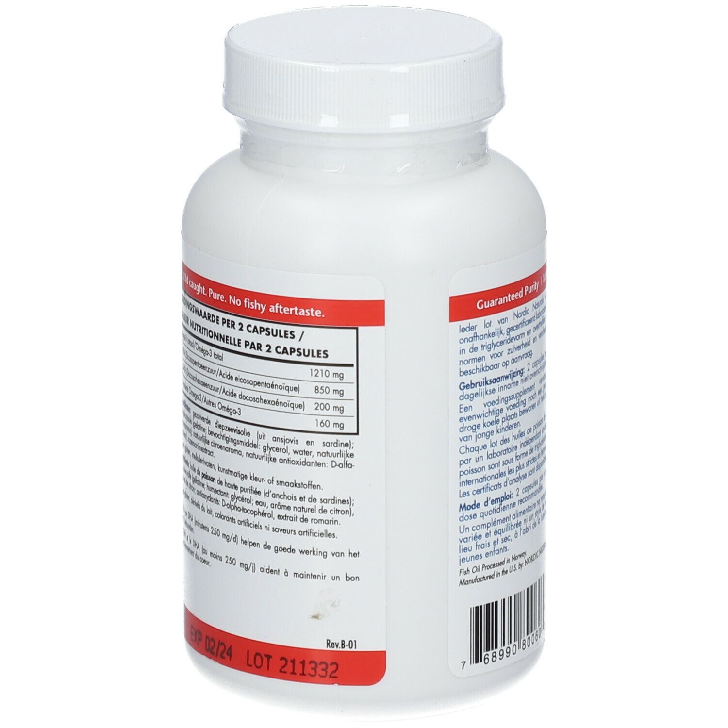 Dos du flacon blanc. Texte: Valeurs nutritionnelles pour 2 capsules. Ingrédients. Date de péremption.