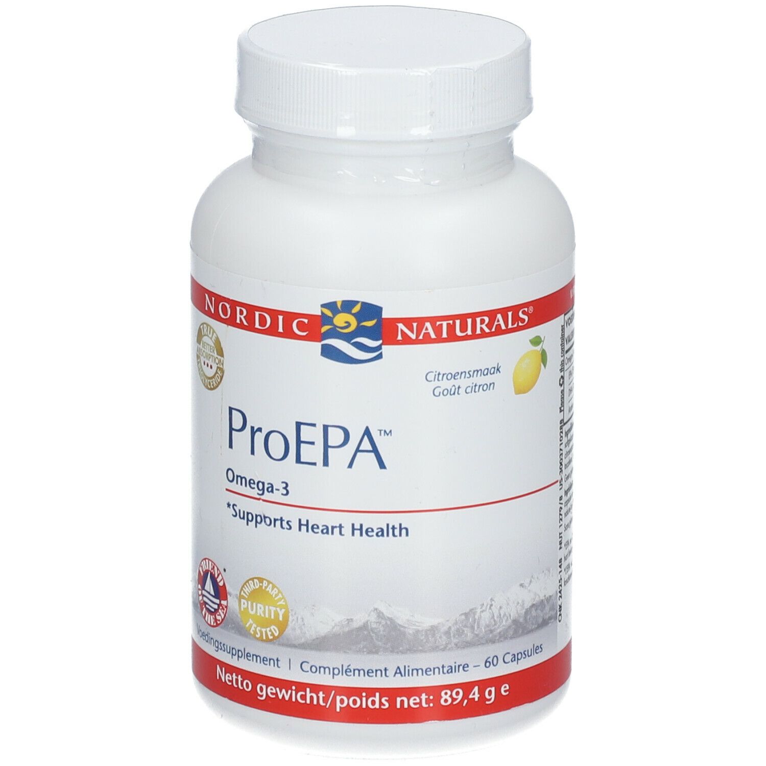 Flacon blanc de ProEPA Omega-3. Inscription: Nordic Naturals. Soutient la santé cardiaque. 60 capsules.