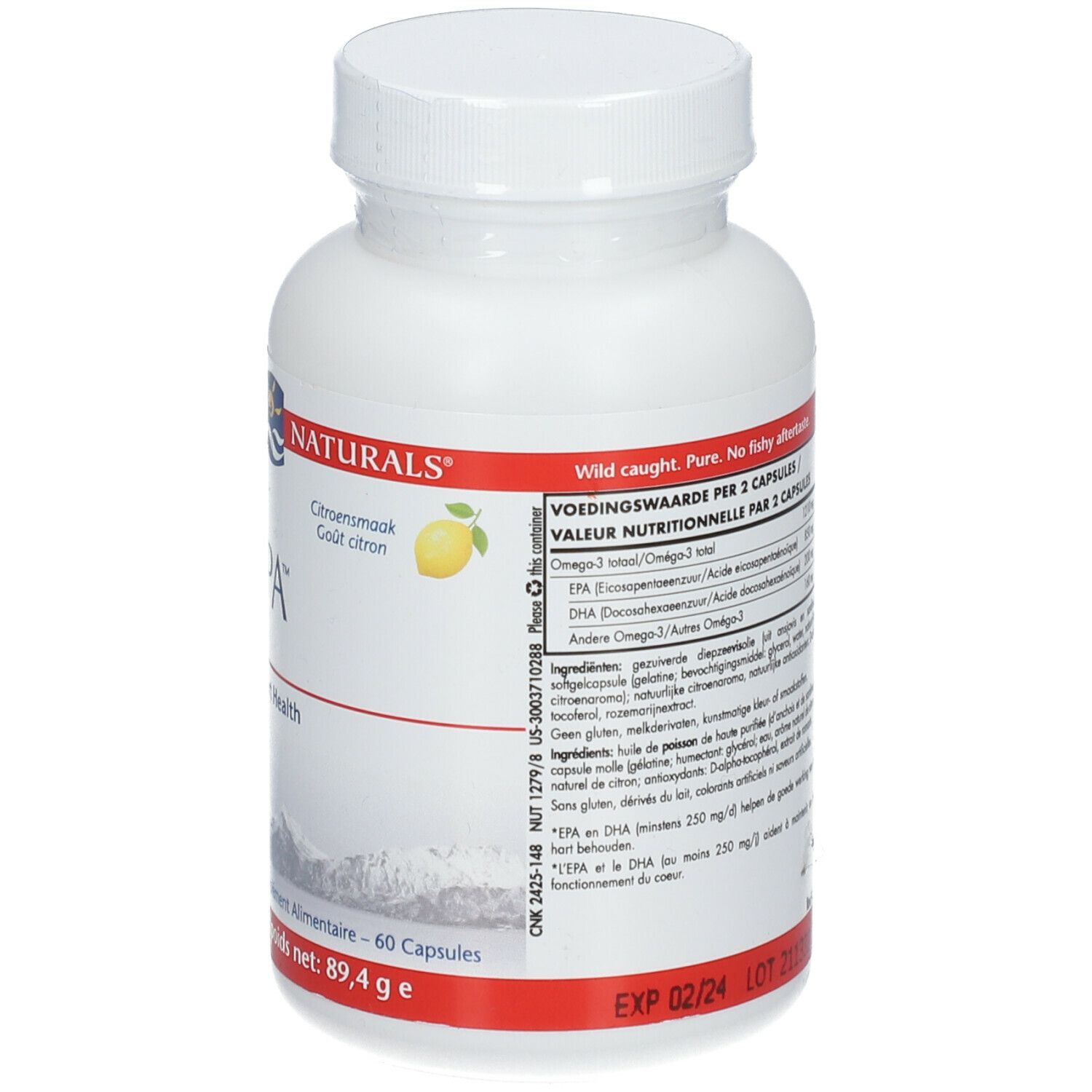 Flacon blanc de ProEPA. Goût citron. 60 capsules. Valeurs nutritionnelles.