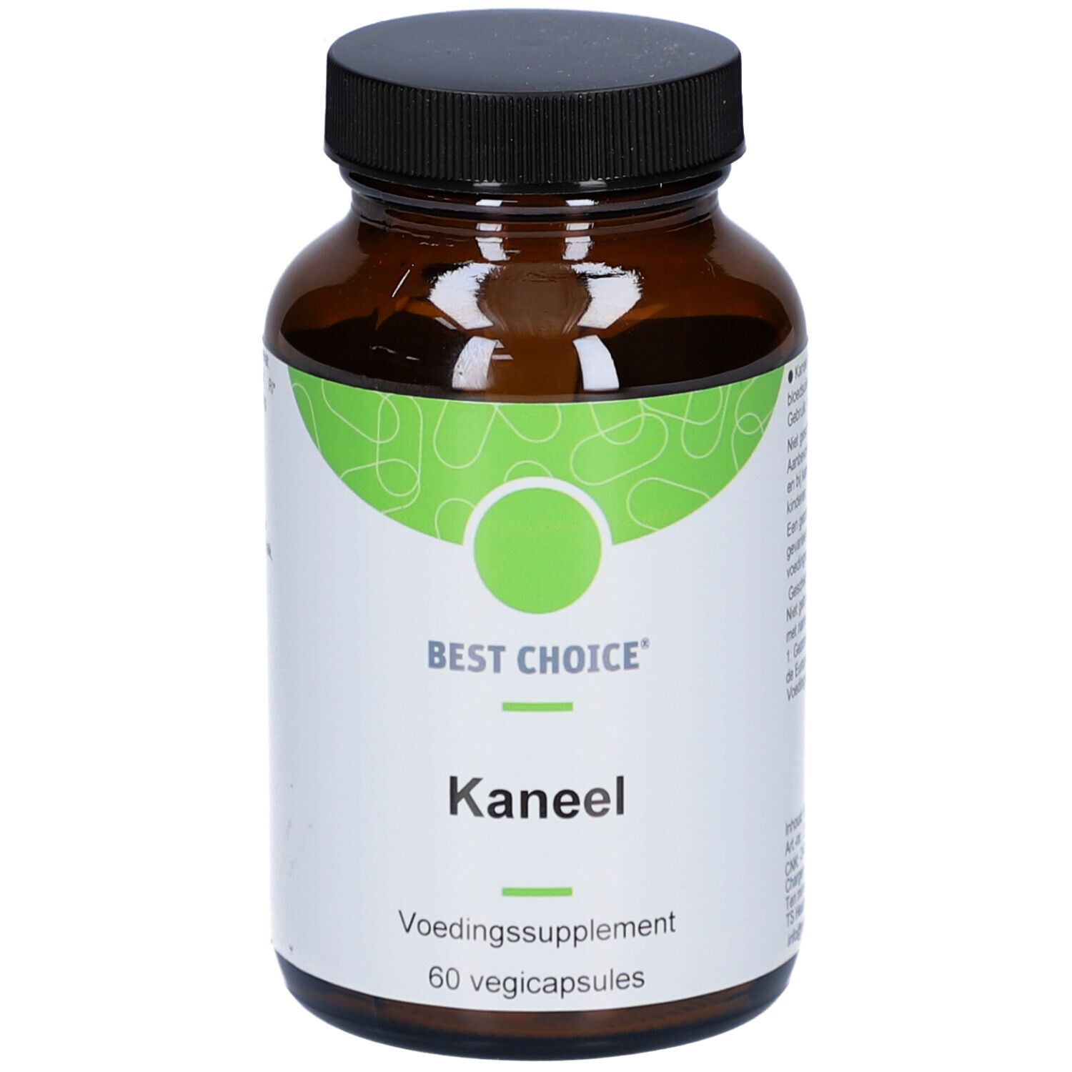 Braune Glasflasche mit silbernem Deckel. Weißes Etikett mit grünem Design und Aufschrift 'Best Choice Kaneel'.