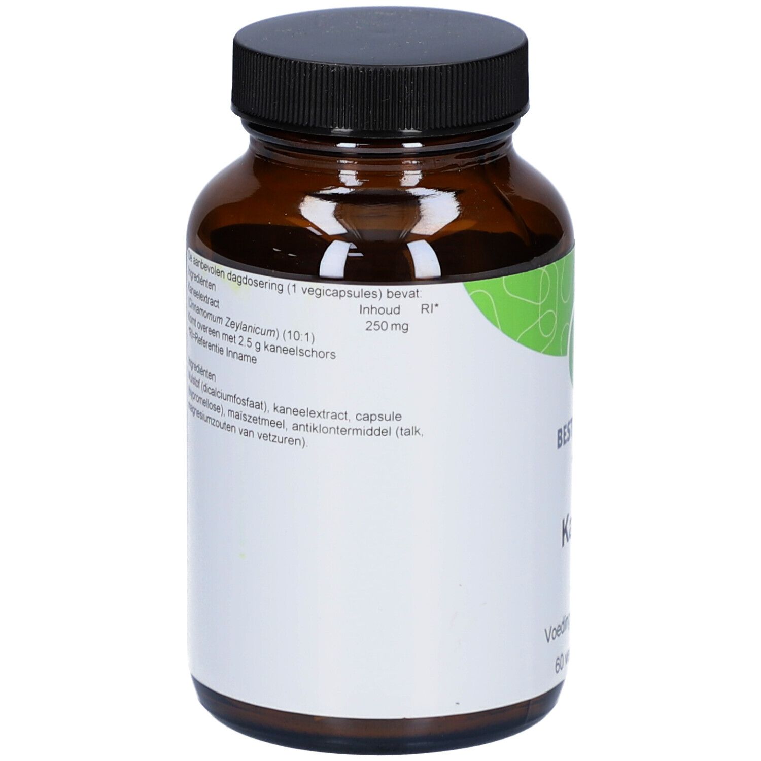 Braune Glasflasche mit silbernem Deckel. Weißes Etikett mit Text und Inhaltsangaben. 'Kaneel' und '250 mg'.