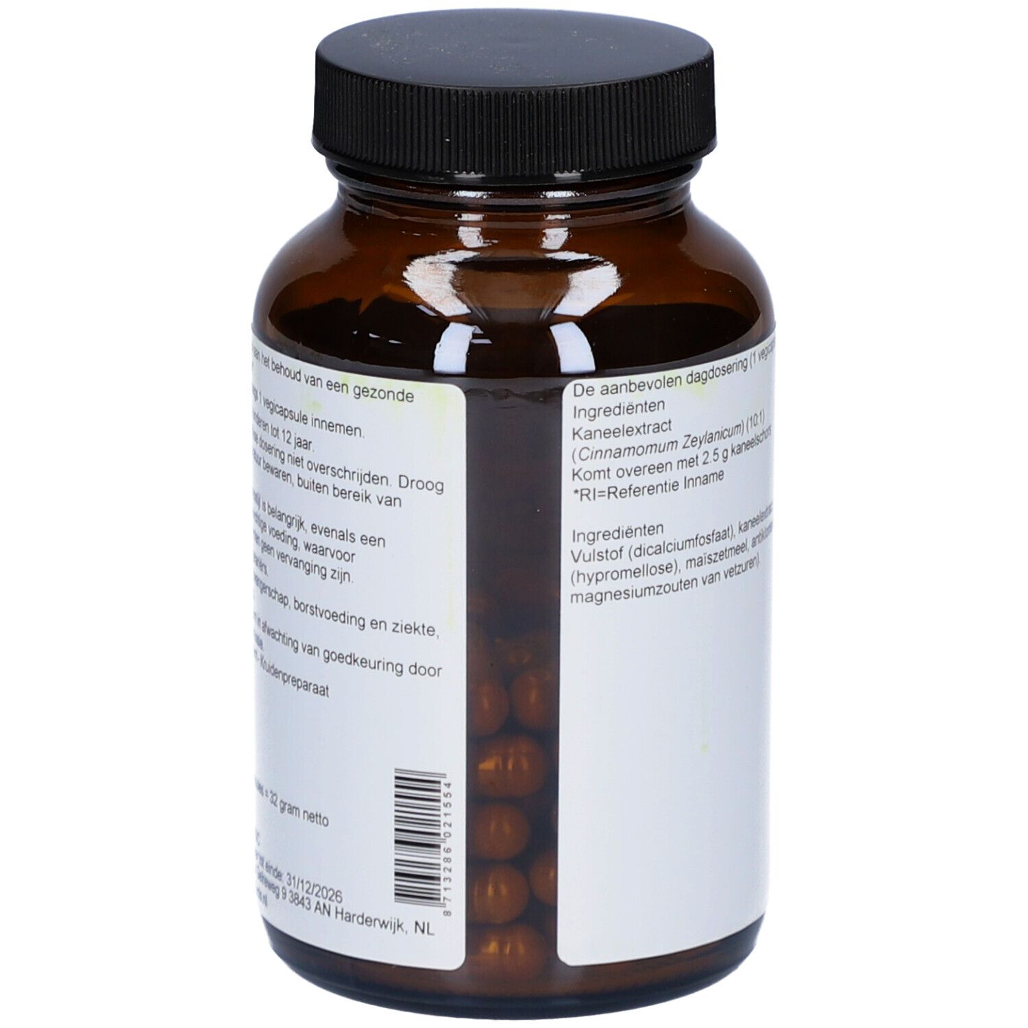 Braune Glasflasche mit silbernem Deckel. Etikett mit Text und Inhaltsangaben. Kapseln sichtbar durch das Glas.