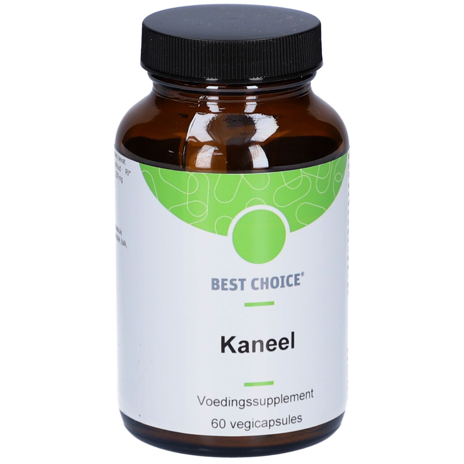 Braune Glasflasche mit silbernem Deckel. Weißes Etikett mit grünem Design und Aufschrift 'Best Choice Kaneel'.