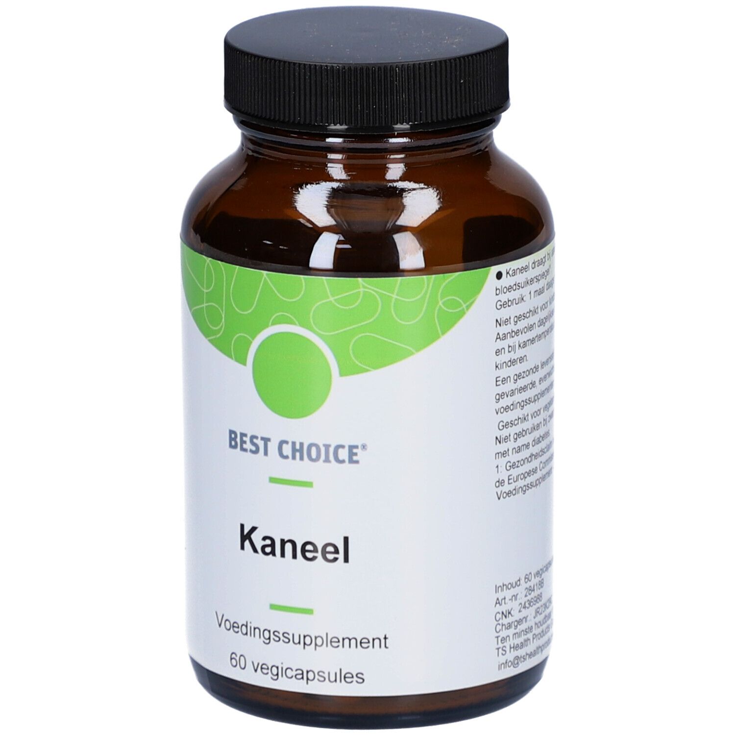 Braune Glasflasche mit silbernem Deckel. Weißes Etikett mit grünem Design und Aufschrift 'Best Choice Kaneel'.