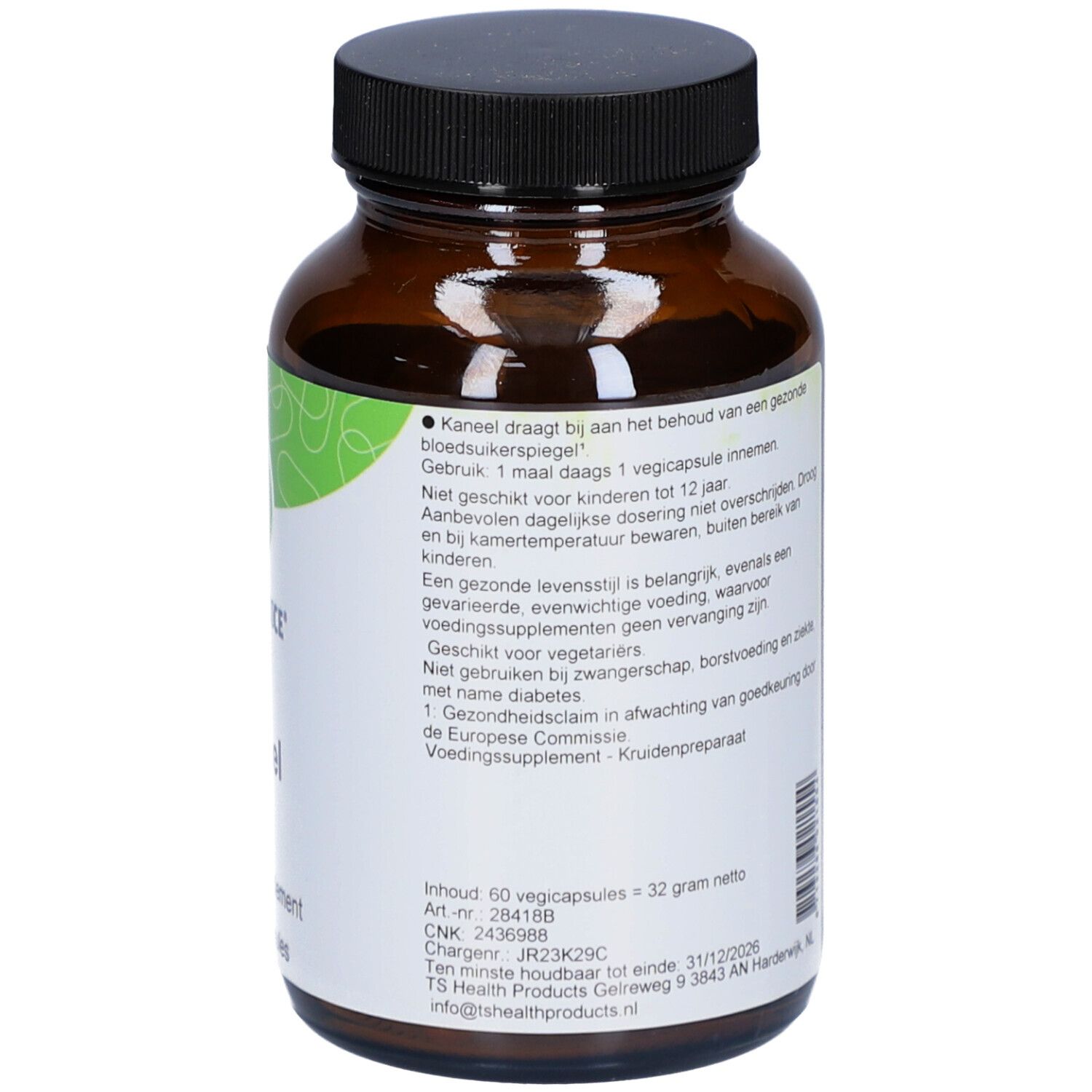 Braune Glasflasche mit silbernem Deckel. Weißes Etikett mit Text. Enthält Informationen über die Anwendung und Inhaltsstoffe.