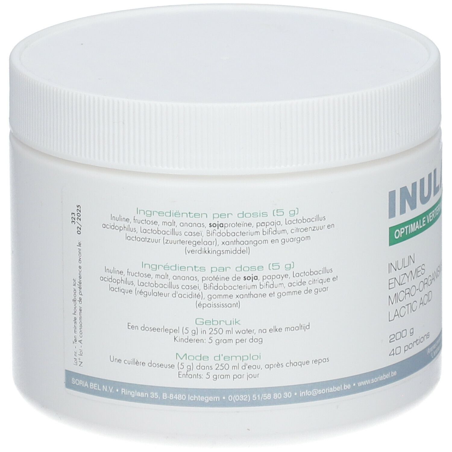 Dos du pot blanc. Contient liste des ingrédients, mode d'emploi et informations nutritionnelles. Marque: Soria Natural.