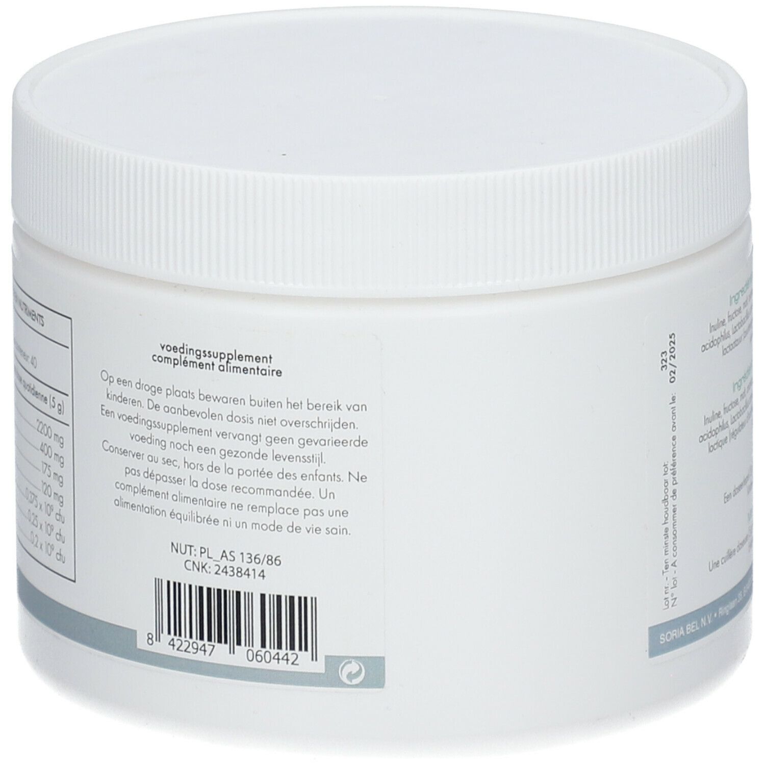 Dos du pot blanc. Contient informations nutritionnelles et avertissements. Code-barres et numéro de lot visibles.