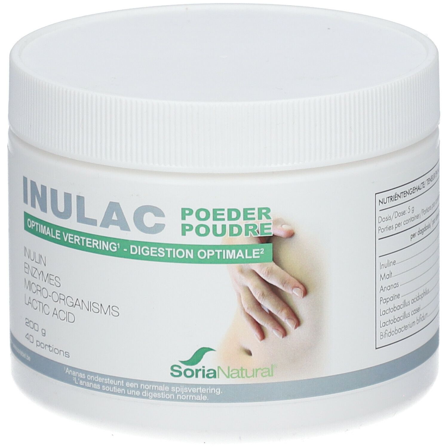 Pot blanc avec couvercle. Inscription: INULAC, POEDER POUDRE. Contient inuline, enzymes, micro-organismes, acide lactique. Marque: Soria Natural.