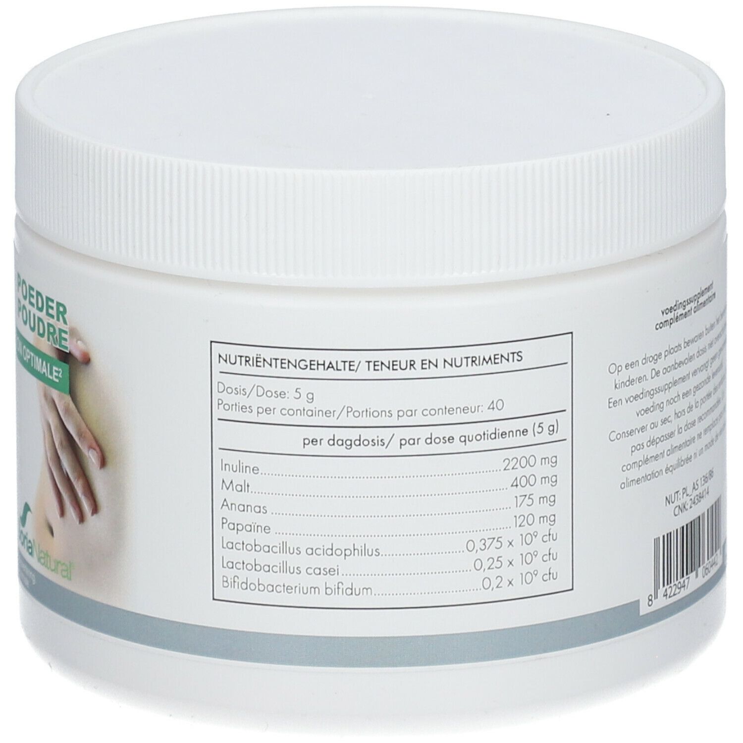 Dos du pot blanc. Contient informations nutritionnelles par portion. Marque: Soria Natural.