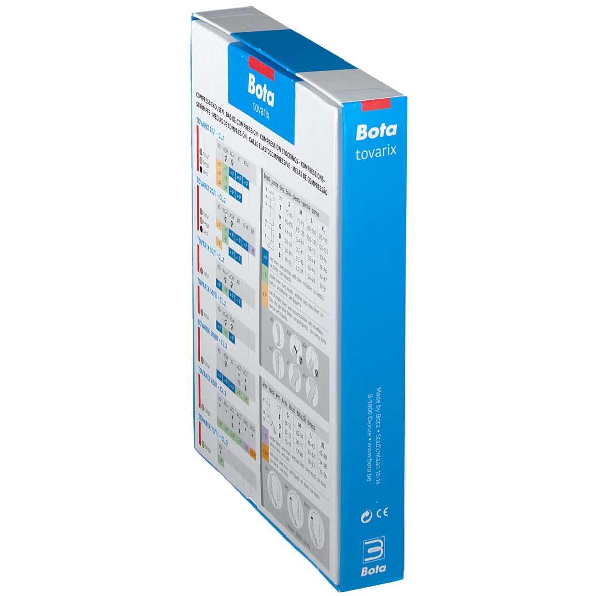 Vue latérale de la boîte Bota tovarix. Tableaux de tailles pour bas de compression.