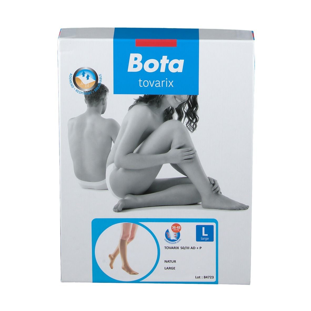 Boîte Bota tovarix. Bas de compression couleur naturelle, taille L. Illustration d'une femme.