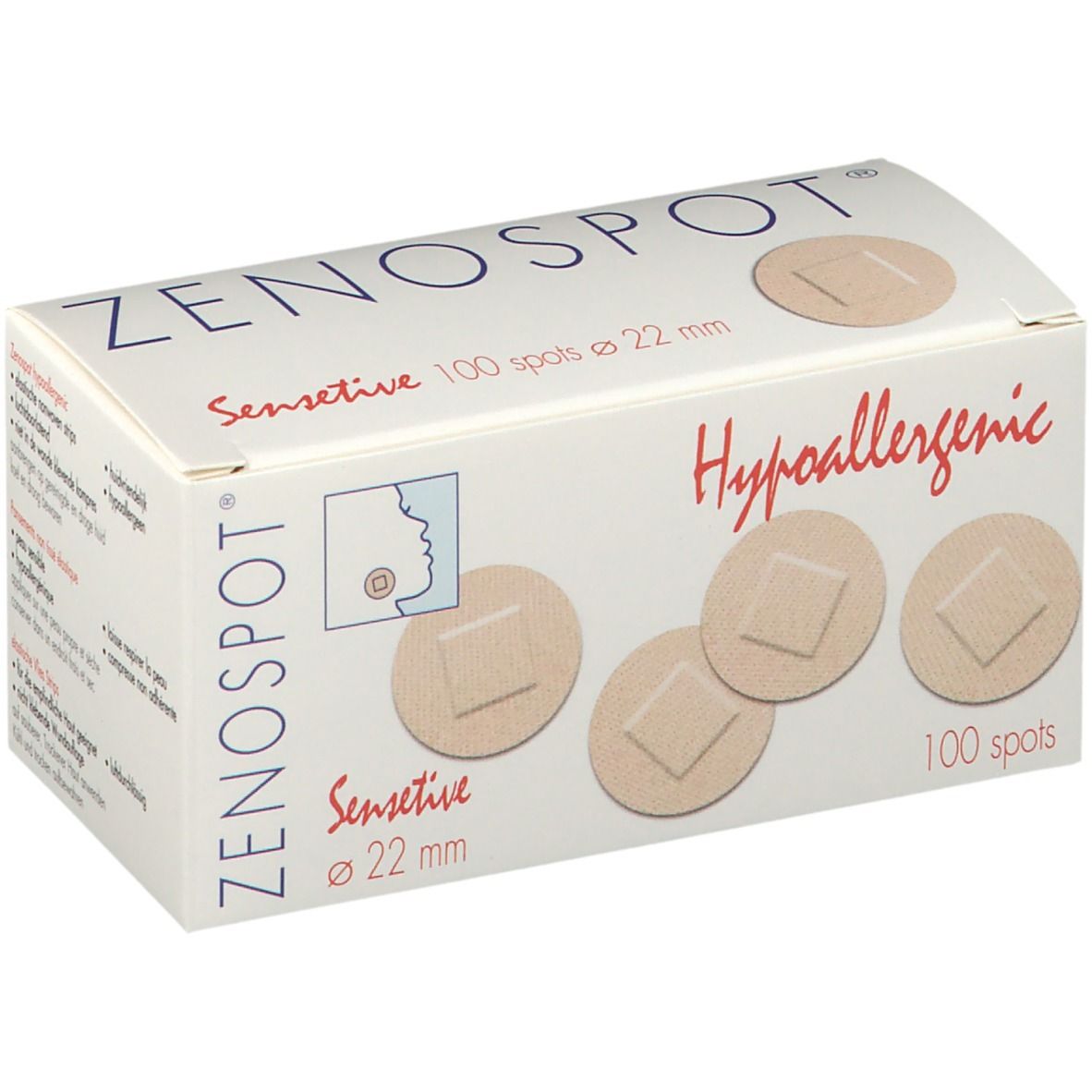 Verpackung mit Pflastern. Aufschrift: ZENOSPOT Sensitive, 100 spots ø 22 mm, Hypoallergen. Beige Pflaster.