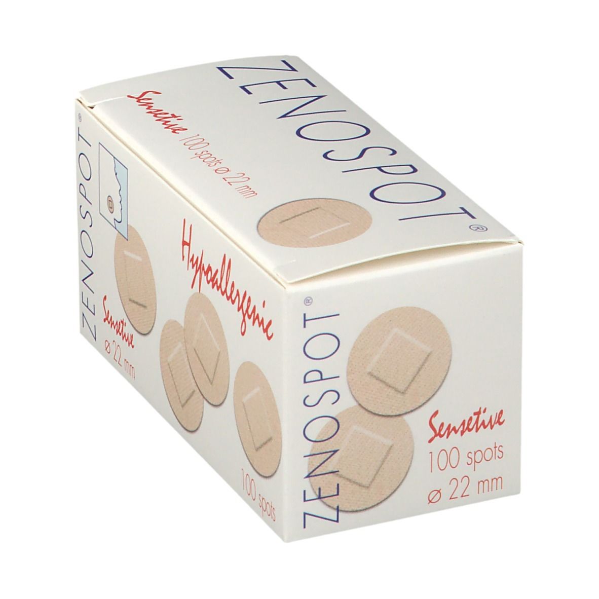 Schräg stehende Verpackung mit Pflastern. Aufschrift: ZENOSPOT Sensitive, 100 spots ø 22 mm, Hypoallergen. Beige Pflaster.