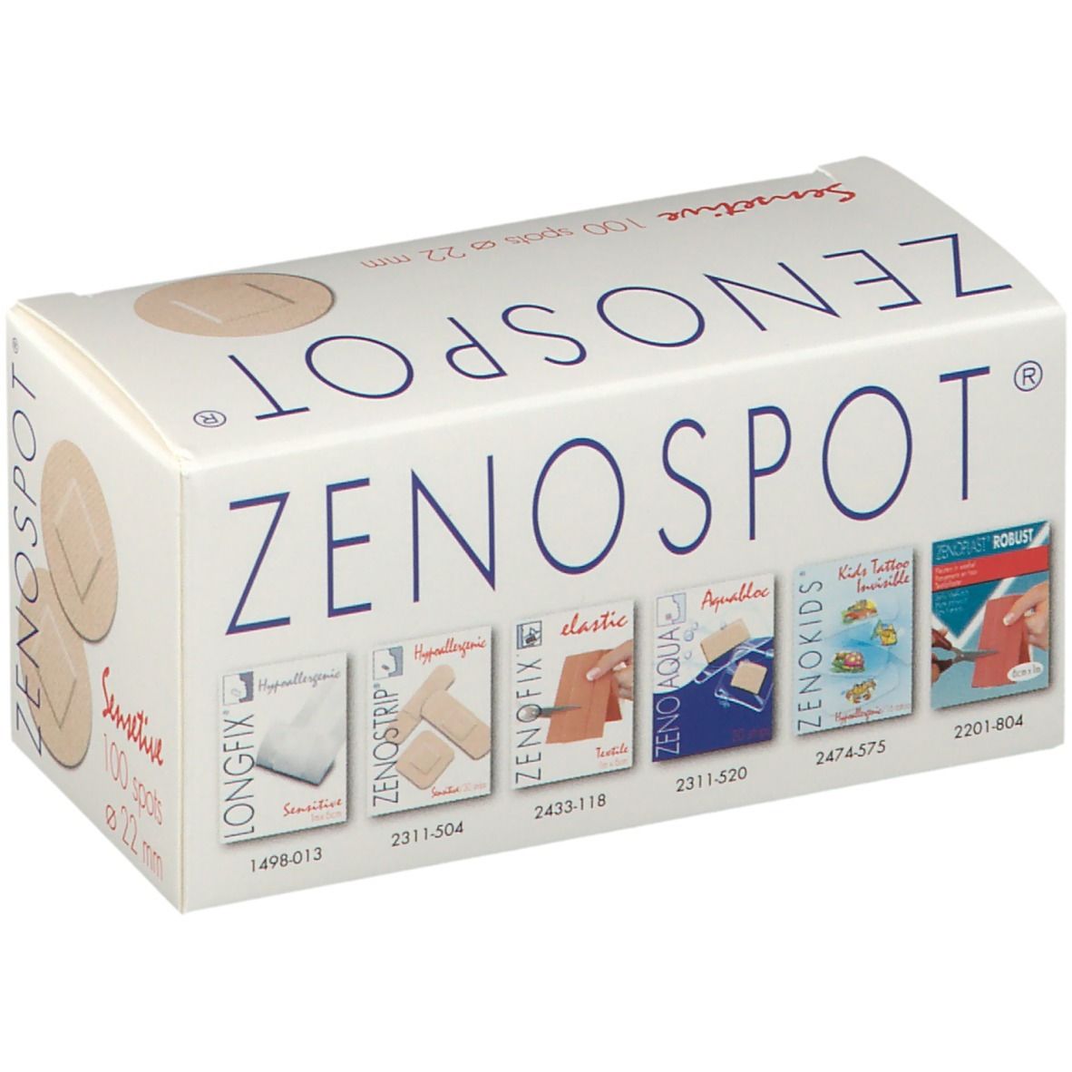 Verpackung mit Pflastern. Aufschrift: ZENOSPOT, Sensitive, 100 spots ø 22 mm. Verschiedene Pflaster-Typen abgebildet.