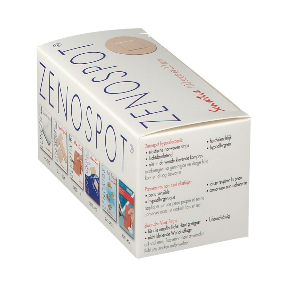 Verpackung mit Pflastern. Aufschrift: ZENOSPOT, Sensitive, 100 spots ø 22 mm. Produktinformationen und verschiedene Pflaster-Typen.