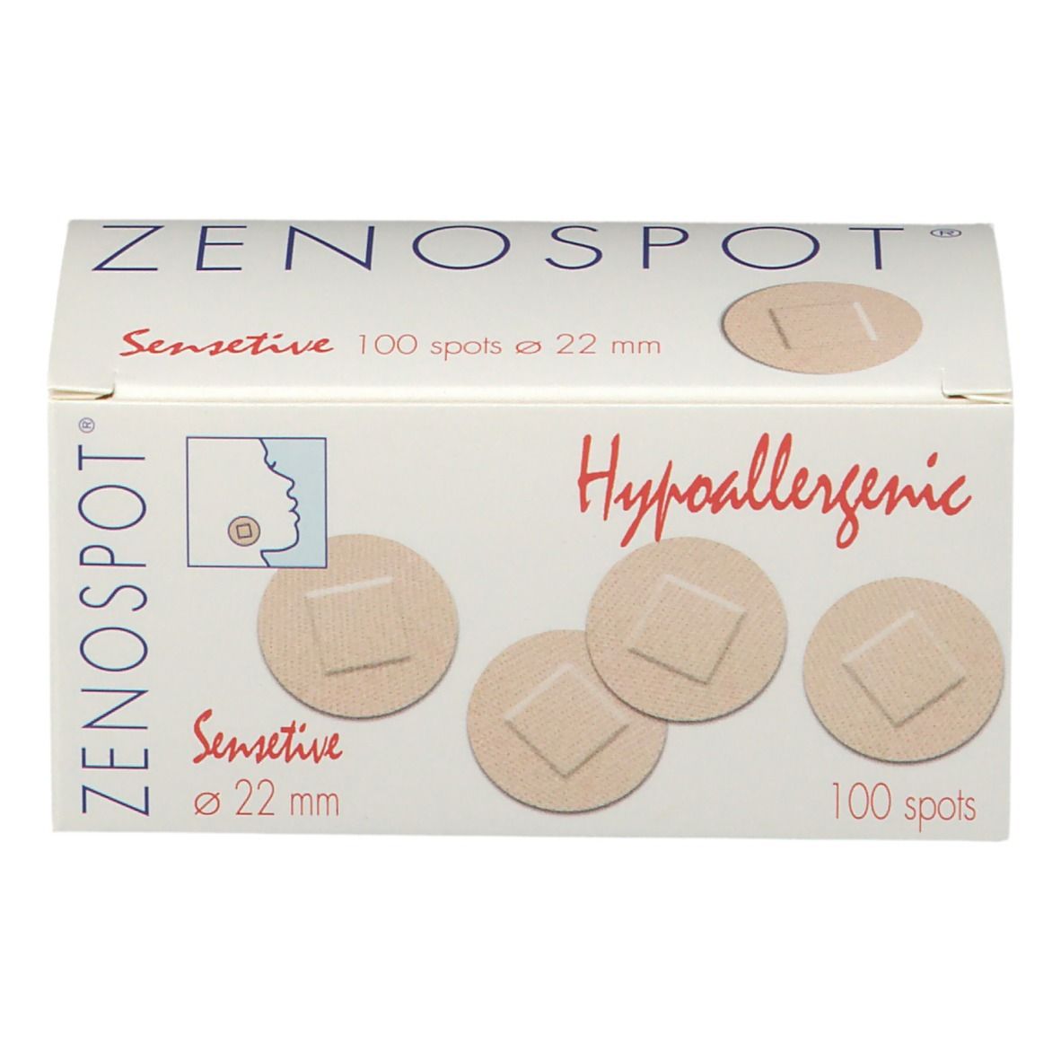 Verpackung mit Pflastern. Aufschrift: ZENOSPOT Sensitive, 100 spots ø 22 mm, Hypoallergen. Beige Pflaster.