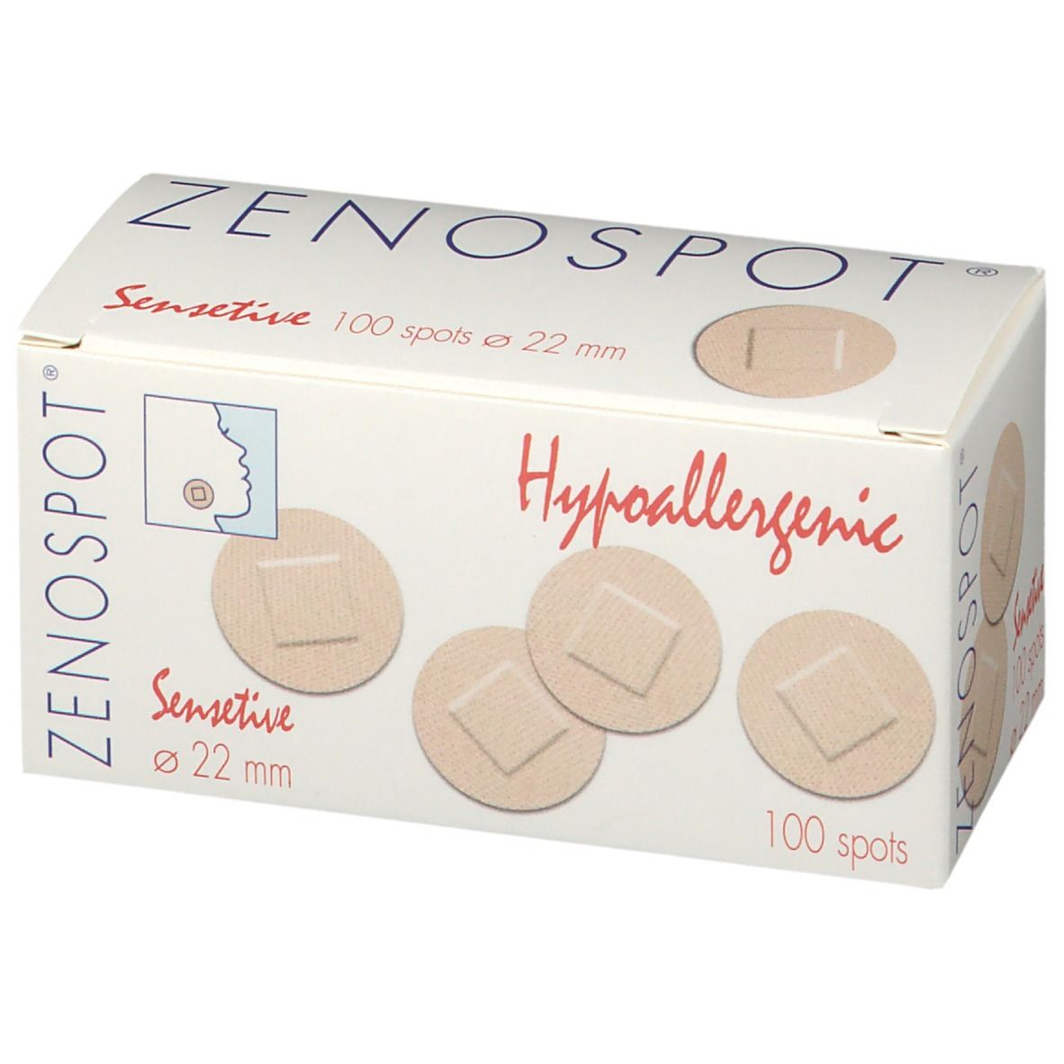 Verpackung mit Pflastern. Aufschrift: ZENOSPOT Sensitive, 100 spots ø 22 mm, Hypoallergen. Beige Pflaster.