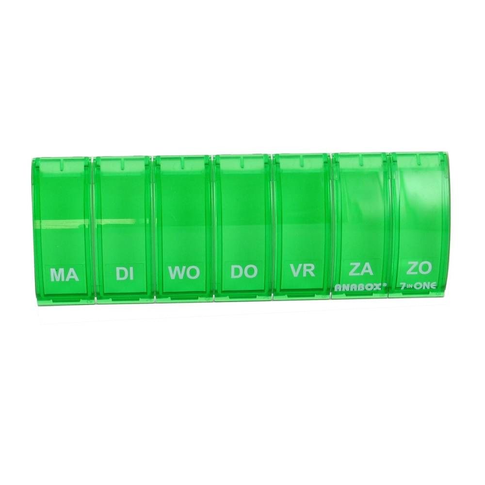 Grüne Pillenbox mit sieben Fächern, beschriftet mit Wochentagen. "ANABOX" und "7-ONE" sind sichtbar.