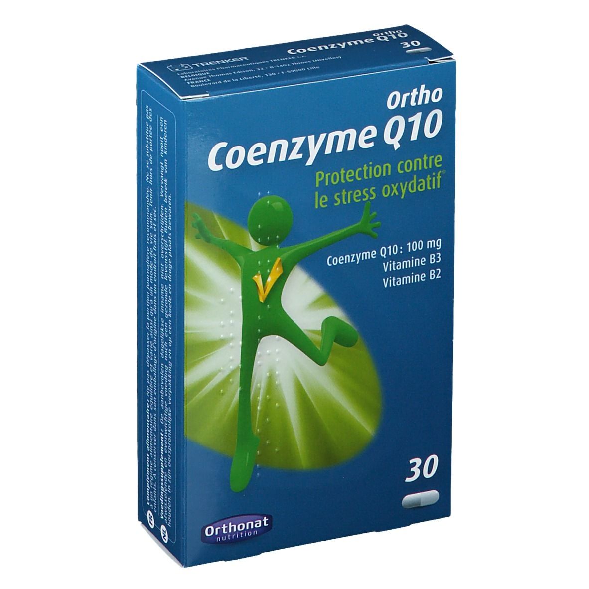 Blau-weiße Schachtel mit "Ortho Coenzym Q10". Enthält 30 Kapseln. Aufdrucke: "Protection contre le stress oxydatif", "Coenzym Q10: 100 mg, Vitamine B3, B2".