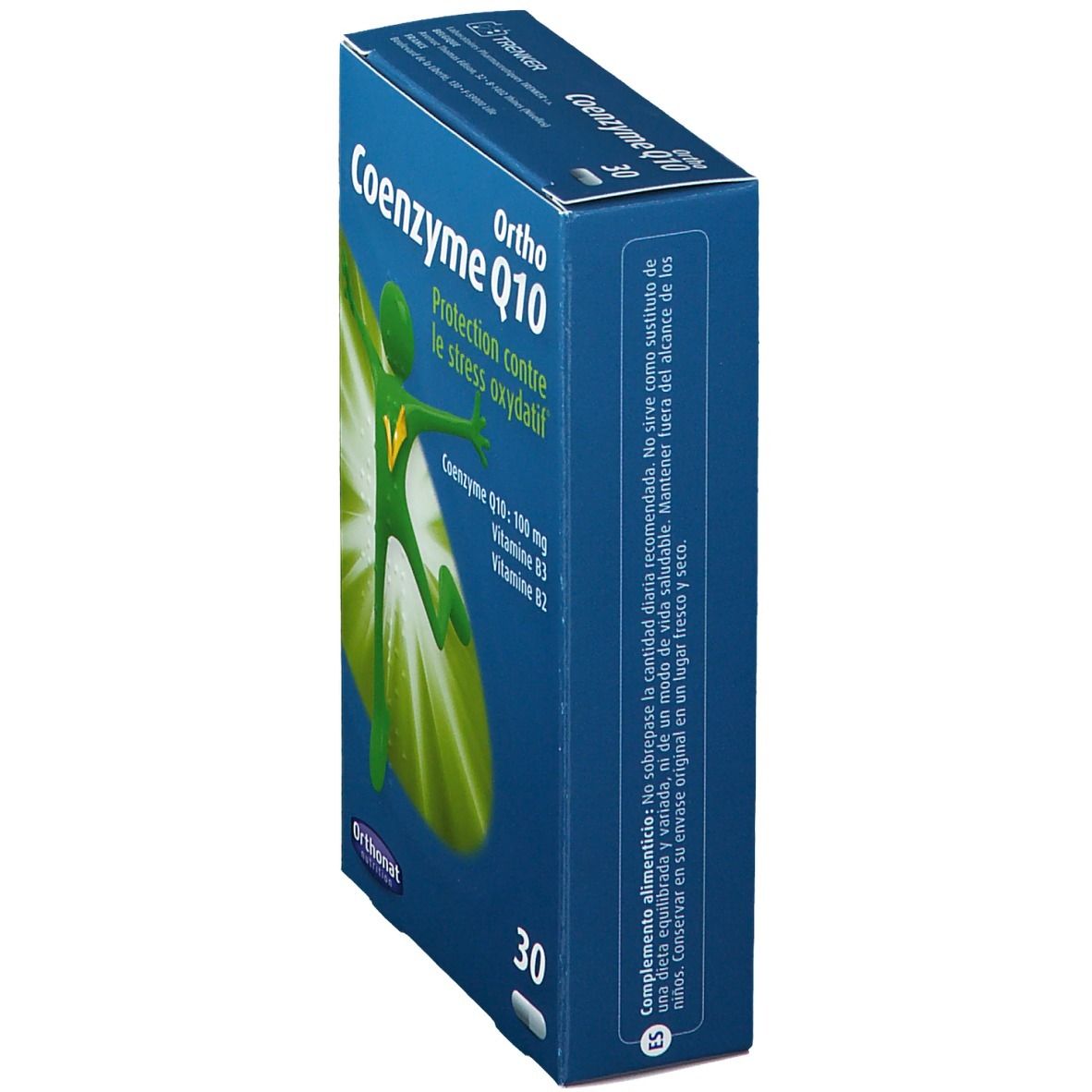 Blaue Schachtel "Ortho Coenzym Q10". Aufdrucke: "Protection contre le stress oxydatif", "Coenzym Q10: 100 mg, Vitamine B3, B2". Enthält 30 Kapseln. Seitenansicht.