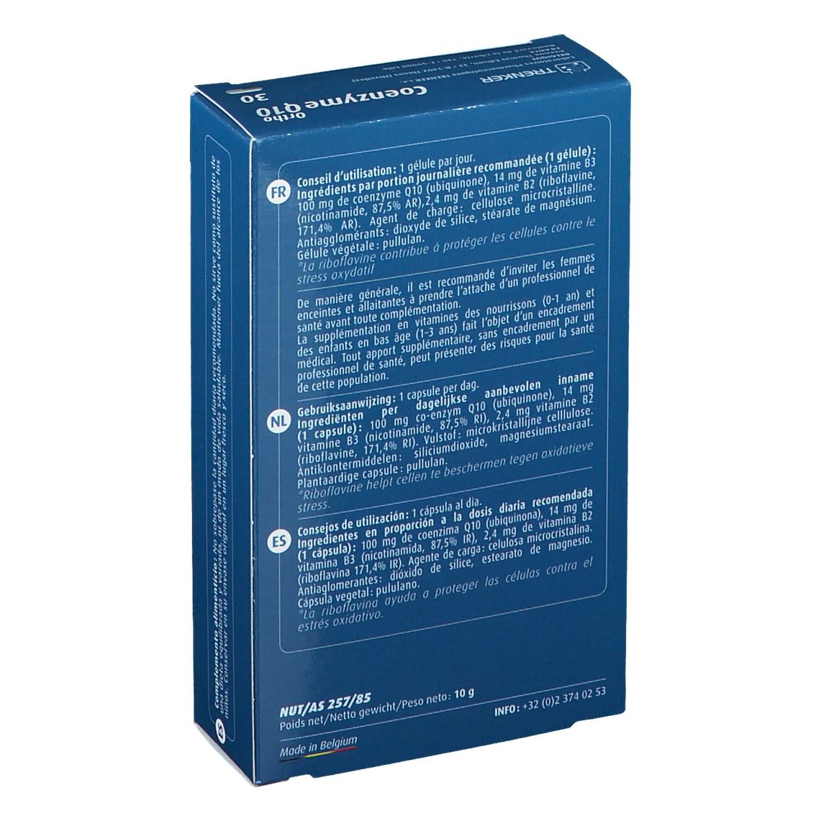 Rückseite der blauen Schachtel "Ortho Coenzym Q10". Text in Französisch und Niederländisch. Enthält Informationen zu Inhaltsstoffen und Anwendung.