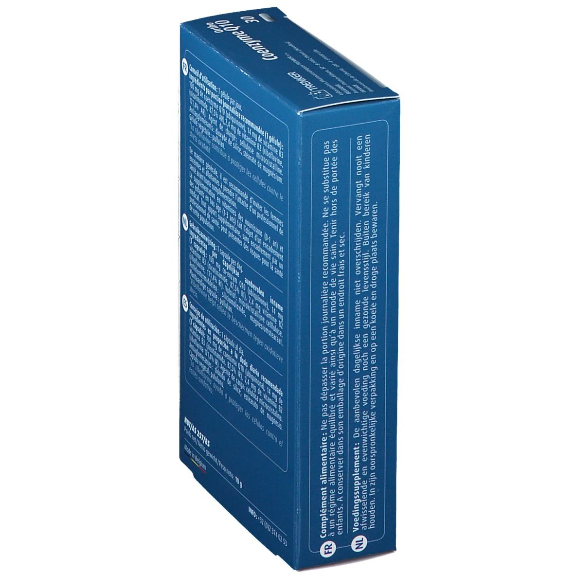 Seitenansicht der blauen Schachtel "Ortho Coenzym Q10". Text in Französisch und Niederländisch. Enthält Informationen zu Anwendung und Inhaltsstoffen.