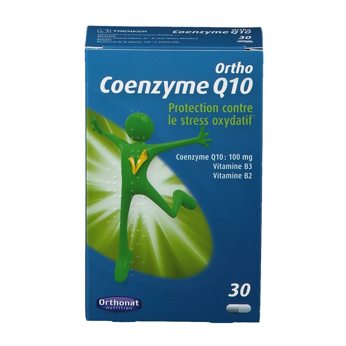 Blaue Schachtel "Ortho Coenzym Q10" mit 30 Kapseln. Aufdrucke: "Protection contre le stress oxydatif", "Coenzym Q10: 100 mg, Vitamine B3, B2".