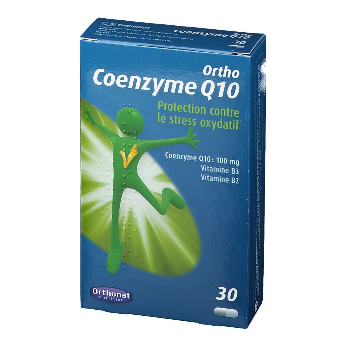 Blaue Schachtel "Ortho Coenzym Q10" mit 30 Kapseln. Aufdrucke: "Protection contre le stress oxydatif", "Coenzym Q10: 100 mg, Vitamine B3, B2".
