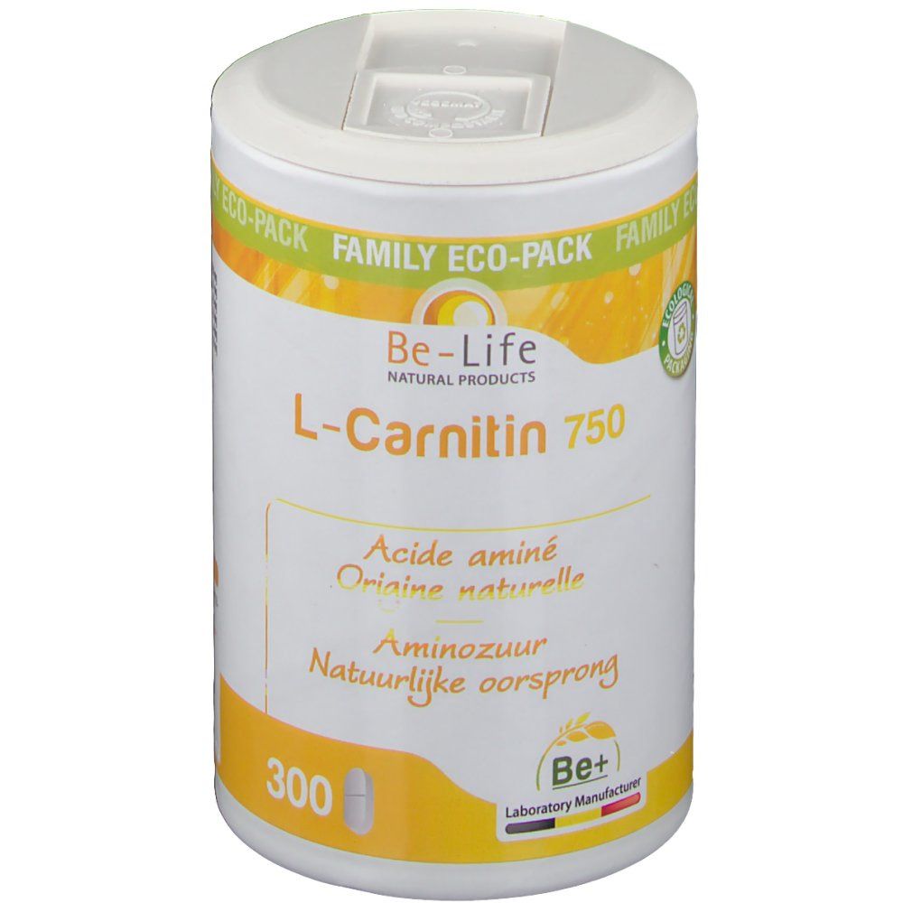 Zylindrische Dose mit weißem Deckel. Aufschrift: Be-Life L-Carnitine 750. Gelber Hintergrund. 300 Kapseln.