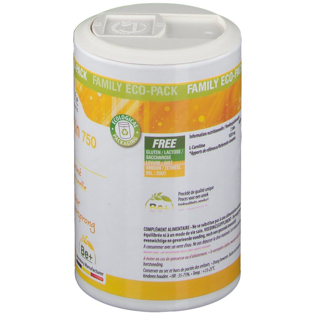 Rückseite der Dose. Aufschrift: L-Carnitine, Nährwertangaben, glutenfrei, laktosefrei, zuckerfrei, salzfrei. Recycling-Symbol.